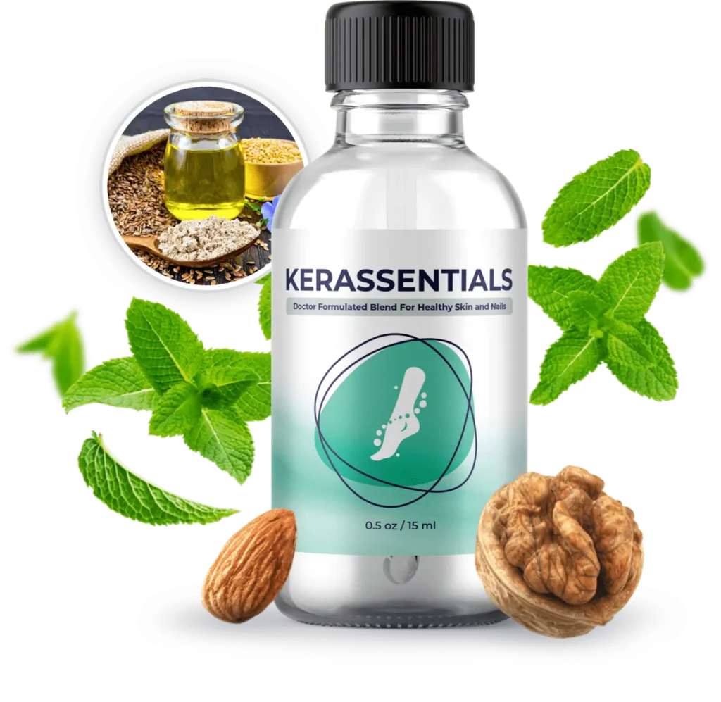 Kerassentials oil bottle surrounded by natural ingredients like mint leaves, walnuts, almonds, and flax seeds with oil.