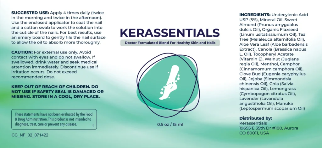 Kerassentials product label showing usage instructions, caution warnings, ingredients list, and distribution information.